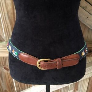 Sailboat Navy Blue Ribbon Green Cotton Canvas Belt Brown Leather Tabs Size 36